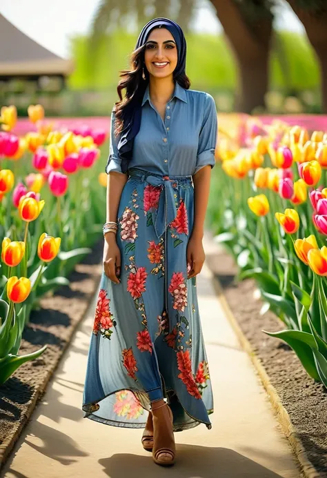 A 38 year old Arab hijab girl wearing a floral patterned tunic shirt top wearing a long jeans skirt wearing shoes is in a full body tulip garden 