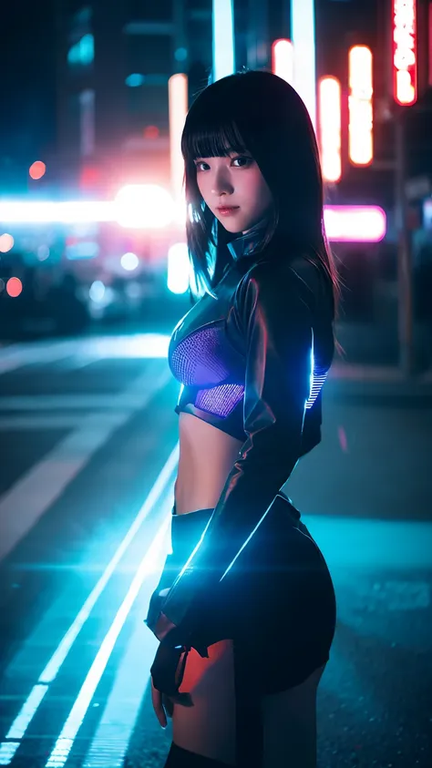 japanese、one girl, cyberpunk themed costume, blue light effect, dynamic light effects,explosion、