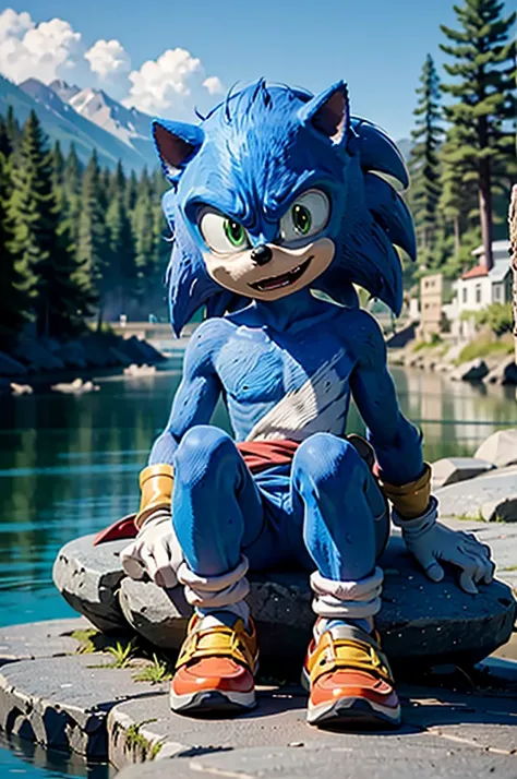 sonic, chibi, boy,furry, blue skin, green eyes, tail, white gloves, red shoes, looking at viewer, serious,
sitting, on a rock, o...