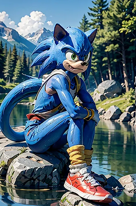 sonic, chibi, boy,furry, blue skin, green eyes, tail, white gloves, red shoes, looking at viewer, serious,
sitting, on a rock, o...