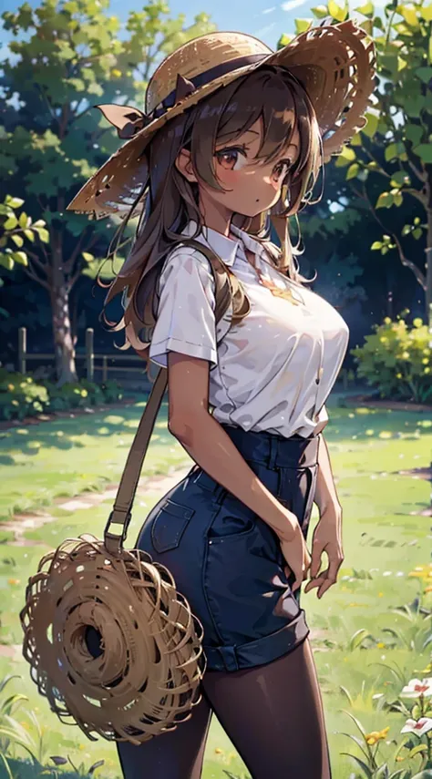 country girl，short-sleeved shirt，short-sleeved shirt，shorts，straw hat，sunlight，enthusiastic，cheerful，sunlight，solarised，solarise...