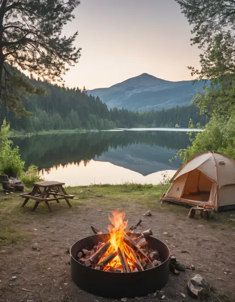 araffes and a tent set up on a campsite near a lake, campfire in background, camping, camp fire, barrel fires and tents, setting...