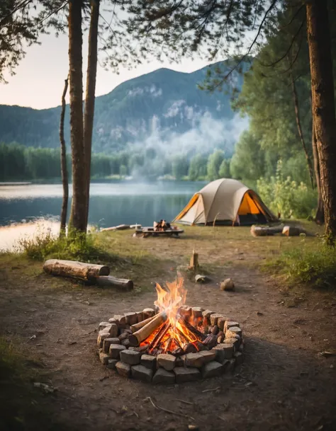 araffes and a tent set up on a campsite near a lake, campfire in background, camping, camp fire, barrel fires and tents, setting...