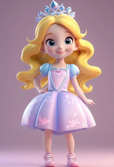 a cartoon little girl，disney princess dress up，energetic and cute，marshmallow in hand，smile at the camera，full body view，3d rend...