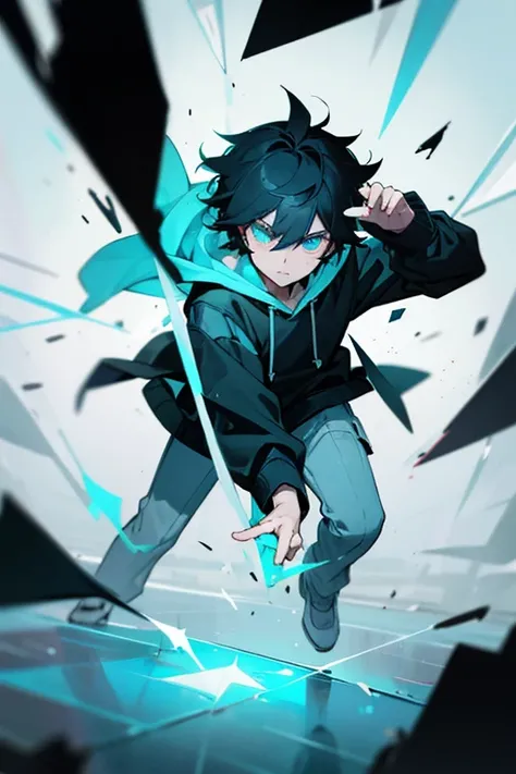 A boy of about 7 years old with black hair, cyan and yellow heterochromatic eyes, wearing a black hoodie, emitting light from his eyes, making a gun shape with his fingers and firing a pale blue beam. Background: Broken window glass, sense of speed.
