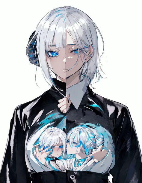 anime girl with white hair and blue eyes wearing a black and white shirt, girl with short white hair, anime style character, sty...