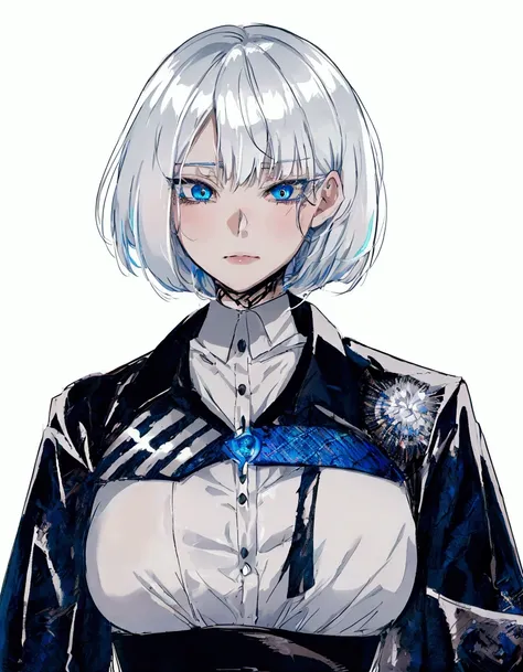 anime girl with white hair and blue eyes wearing a black and white shirt, girl with short white hair, anime style character, sty...