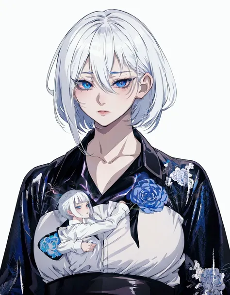 anime girl with white hair and blue eyes wearing a black and white shirt, girl with short white hair, anime style character, sty...