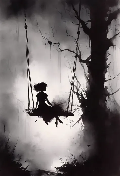 in the style of stephen gammell, dark scarlet background, minimal natural colors, (animation. girl on a swing, tied to a crescen...