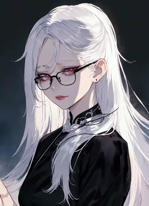 a close up of a woman with glasses and a black shirt, perfect white haired girl, girl with white hair, artwork in the style of g...