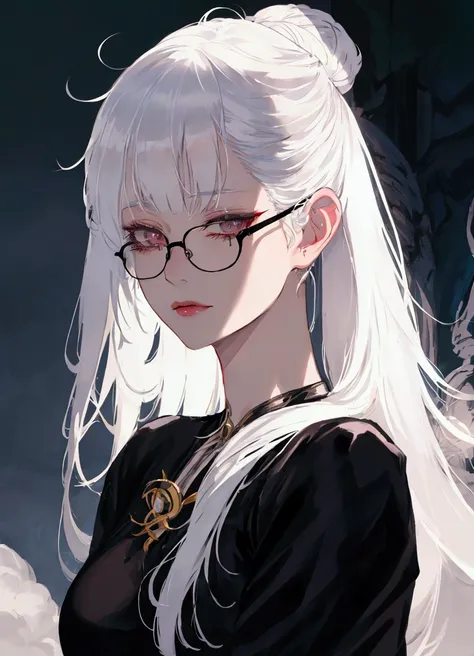 a close up of a woman with glasses and a black shirt, perfect white haired girl, girl with white hair, artwork in the style of g...