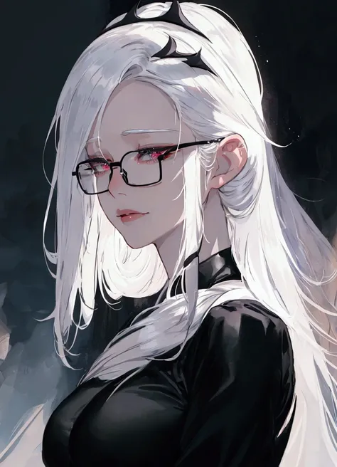 a close up of a woman with glasses and a black shirt, perfect white haired girl, girl with white hair, artwork in the style of g...