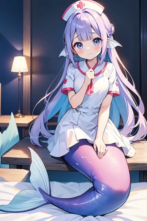 masterpiece, best quality,A woman,Mermaid,紫色Mermaid尾巴,full-body shot,Nurse,Nurse服,Sitting,charming脸(Kawaii, charming,Soft)