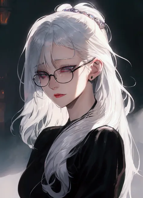 a close up of a woman with glasses and a black shirt, perfect white haired girl, girl with white hair, artwork in the style of g...