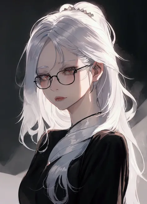 a close up of a woman with glasses and a black shirt, perfect white haired girl, girl with white hair, artwork in the style of g...