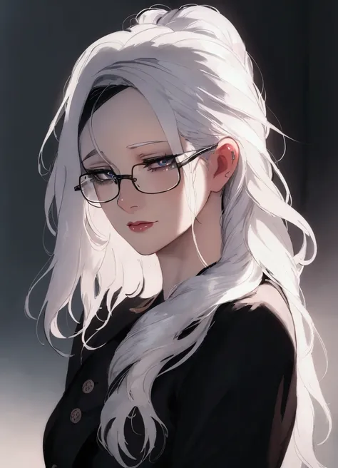 a close up of a woman with glasses and a black shirt, perfect white haired girl, girl with white hair, artwork in the style of g...