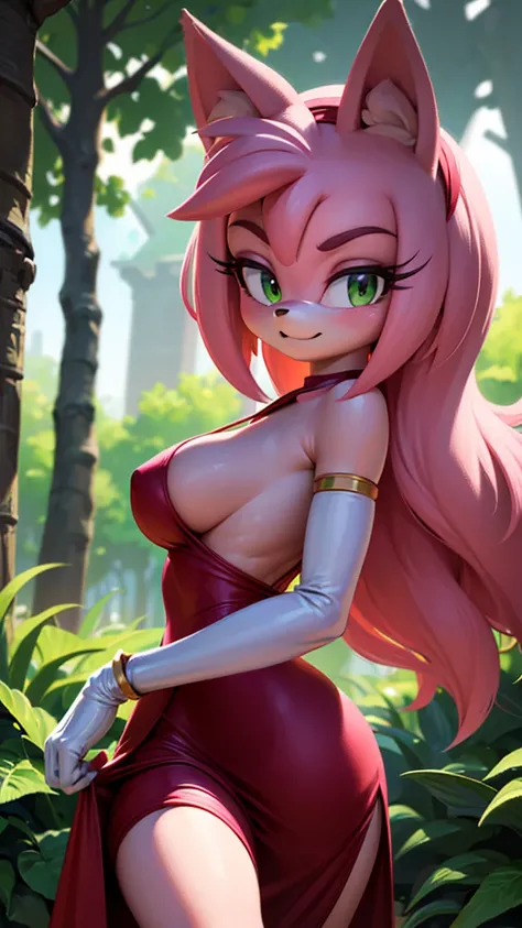 (mature:1.2) Style-Princess, ultra detailed, perfect face, sexy face, expressive eyes, FurAffinity furry female, antromorfic, sweet smile, gentle look, blush, solo, long pink hair, green eyes, slender body, red dress white parts, large breasts, fur pink, p...