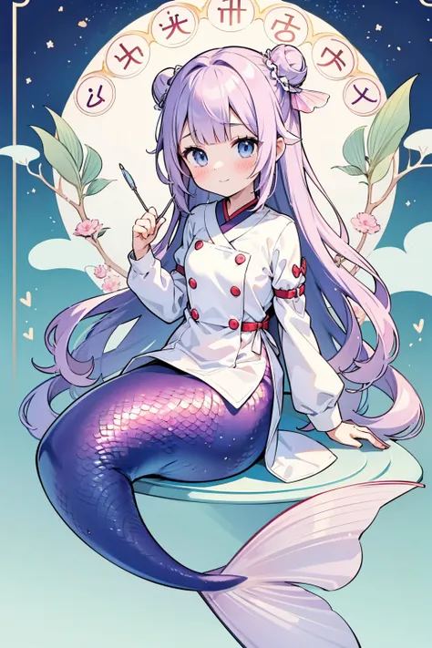 masterpiece, best quality,a woman,mermaid,紫色mermaid尾巴,unilateral bun,full-body shot,nurse,nurse服,sitting,charming脸(kawaii, charm...