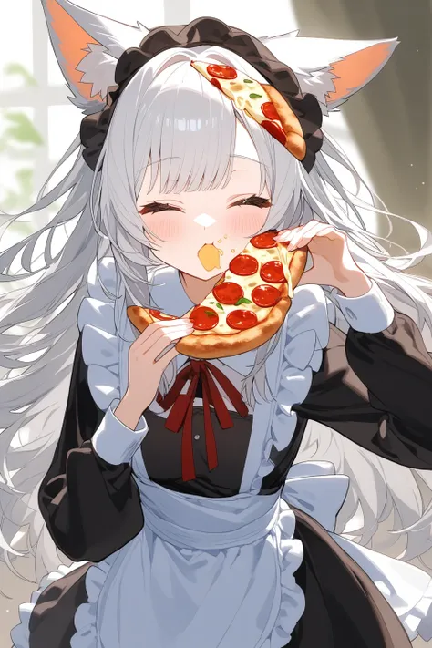 a girl alone，holding a slice of pizza，close your eyes and enjoy your food。she has long hair and long sleeves.，there are bangs on...