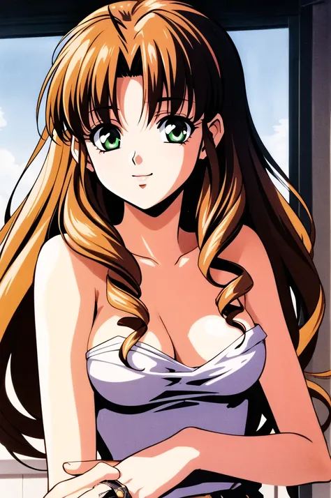 masterpiece,best quality,highres,1girl,solo,animification,1990s \(style\),red ribbon,blunt bangs,green eyes,ringlets, twin drill...