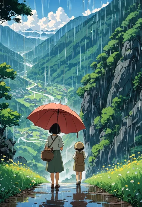 Studio Ghibli-style anime movies, Movie stills, Highest quality, masterpiece, Representative works, Official Art, Professional, Super intricate details, 8k, rain,I can see the back of a girl holding an umbrella.,Mountain