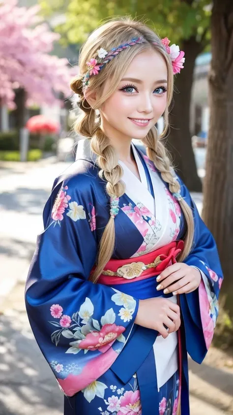 Blonde kimono beauty、Gorgeous floral patterned kimono、My cute girlfriend is a kimono model..、blue eyes、Beautiful smile、He is short、Braiding、hair ornaments、Colorful and showy kimono