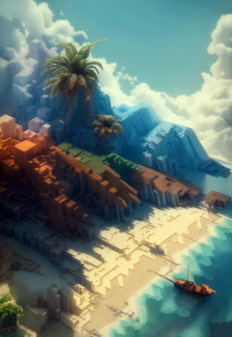 (Isometric Art:1.5)，The art of math，Mountains，Fall，beach，Boat，Palm tree，(high quality，Masterpiece，Octane Rendering，Ray Tracing，Extremely detailed，3d，8k:1.5) ，Isometric projection