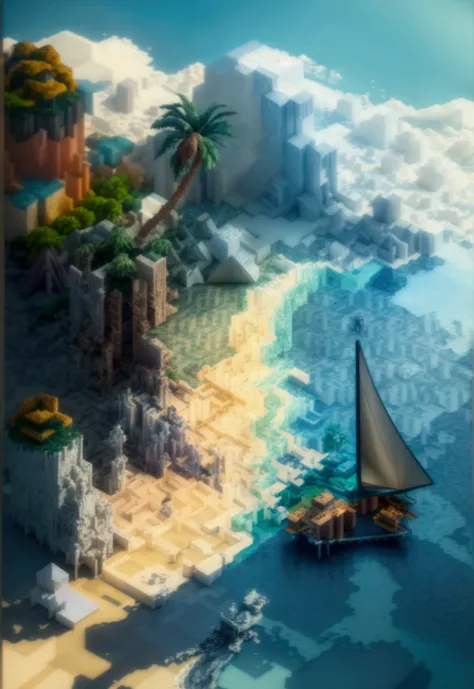 (isometric art:1.5)，the art of math，mountains，fall，beach，boat，palm tree，(high quality，masterpiece，octane rendering，ray tracing，e...