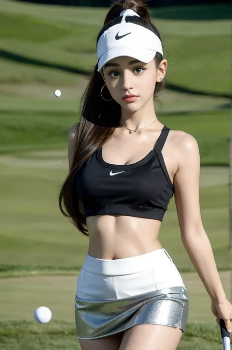 Ariana Grande, beautiful, wearing short crop top, short skirt, playing golf