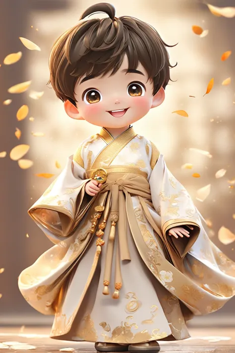 little boy wearing golden hanfu，smiling, cute numbers, cute numbers艺术, beautifully detailed digital art, cute kawaii boy, lovely...