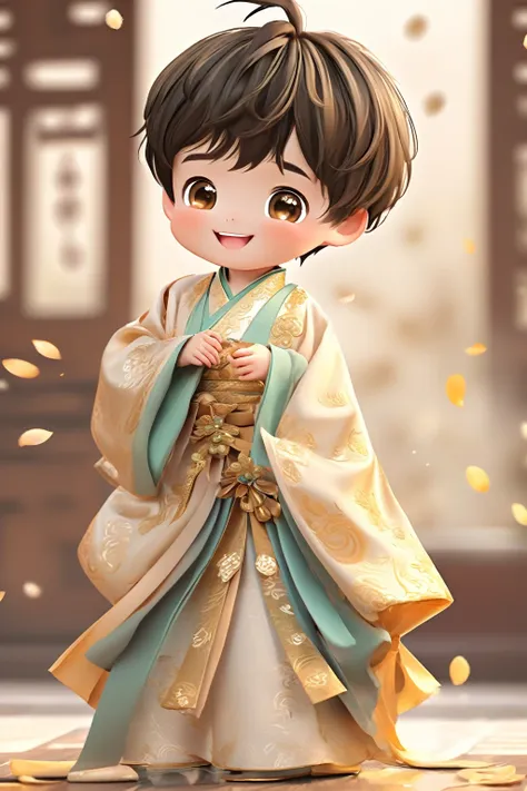 little boy wearing golden hanfu，smiling, cute numbers, cute numbers艺术, beautifully detailed digital art, cute kawaii boy, lovely...