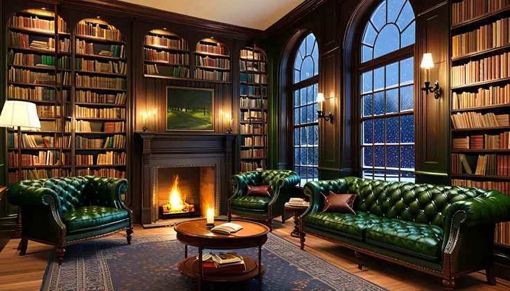 create an image of a cozy, well-lit interior of a library during winter. the scene includes large windows through which one can ...