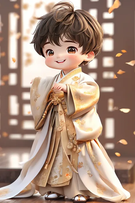 little boy wearing light golden hanfu，smiling, cute numbers, cute numbers艺术, beautifully detailed digital art, cute kawaii boy, ...