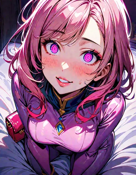 One young and beautiful woman,(Highest quality,Extremely detailed depiction,Incredibly absurd high resolution,Anatomically accurate depiction),(Sentai heroine pink woman),(White and pink bodysuit),eyelash,(Heavy makeup,Intensely glowing purple eyes,(Crazy ...