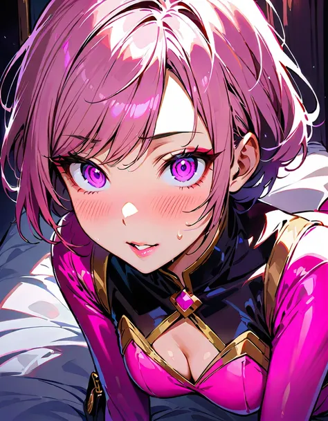 One young and beautiful woman,(Highest quality,Extremely detailed depiction,Incredibly absurd high resolution,Anatomically accurate depiction),(Sentai heroine pink woman),(White and pink bodysuit),eyelash,(Heavy makeup,Intensely glowing purple eyes,(Crazy ...