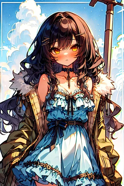 (masterpiece, best quality:1.2), 1girl, solo, girls with((1girl, solo, black hair, yellow eyes, (wavy long hair, one side up, ha...