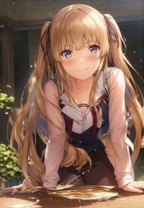 anime girl standing in front of a table with a big smile, beautiful anime school girl, enchanting anime girl, a hyperrealistic ,...