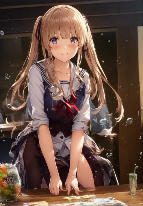 anime girl standing in front of a table with a big smile, beautiful anime school girl, enchanting anime girl, a hyperrealistic ,...