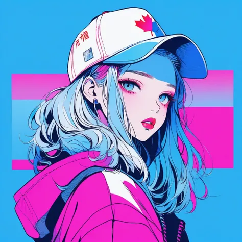 ilustrador, Japanese cartoons , Practical ,sketch , 1 girl, ,Lips, sweater,Order, Blue gradient background, Neon hair,Texture decoration, Canada, (masterpiece,best quality) glycerin，Baseball cap