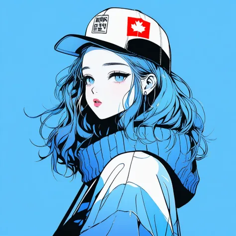 ilustrador, Japanese cartoons , Practical ,sketch , 1 girl, ,Lips, sweater,Order, Blue gradient background, Neon hair,Texture decoration, Canada, (masterpiece,best quality) glycerin，Baseball cap