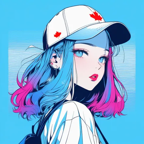 ilustrador, Japanese cartoons , Practical ,sketch , 1 girl, ,Lips, summer,Short sleeve，Order, Blue gradient background, Neon hair,Texture decoration, Canada, (masterpiece,best quality) glycerin，Baseball cap