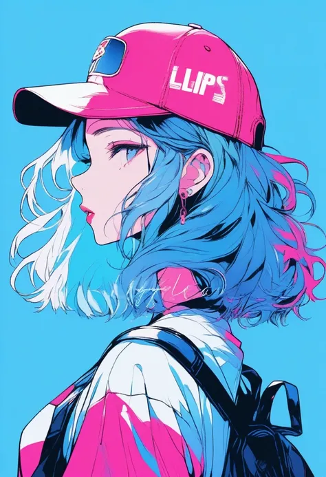 ilustrador, Japanese cartoons , Practical ,sketch , 1 girl, ,Lips, summer,Short sleeve，Order, Blue gradient background, Neon hair,Texture decoration, Canada, (masterpiece,best quality) glycerin，Baseball cap