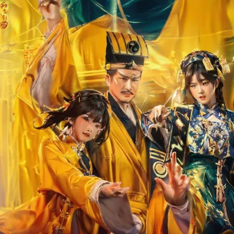 中间是一个yellow袍taoist priest头往上看，shout，边上有两个blue色服装的僵尸，spells，yellow，blue，official art works, inspired by emperor xuande, inspired ...