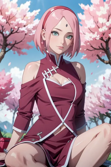 tmasterpiece， best quality at best， 1girll， sakura haruno， large breasts，off-the-shoulder attire，（cleavage)，（upperbody closeup)，...