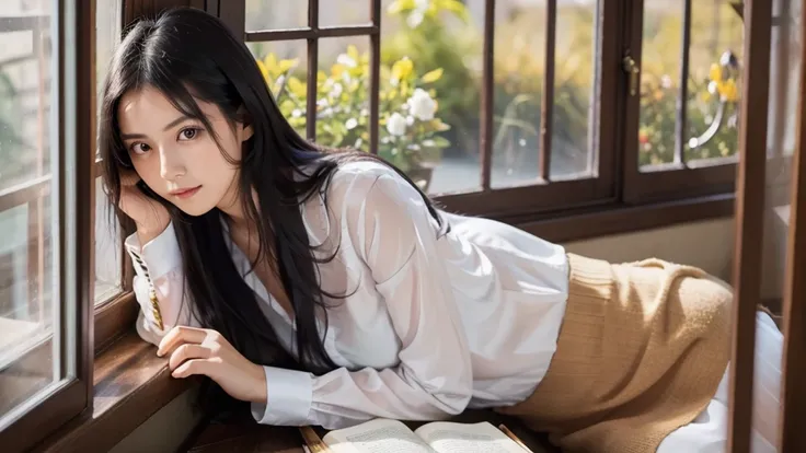 A beautiful woman in her 20s with long black hair and a white blouse reading a book alone by a large window