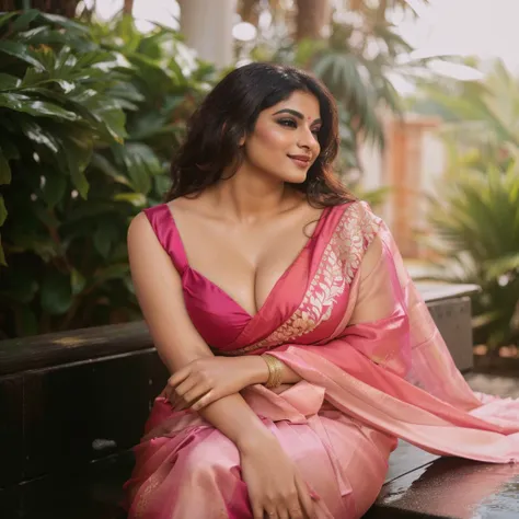 araffe woman in a pink sari sitting on a bench, candid picture, provocative indian, dressed in a sari, candid photography, with a seductive smile, wearing a sari, candid photo, very seductive pose, indian goddess, indian, seductive lady, wearing sari, sens...