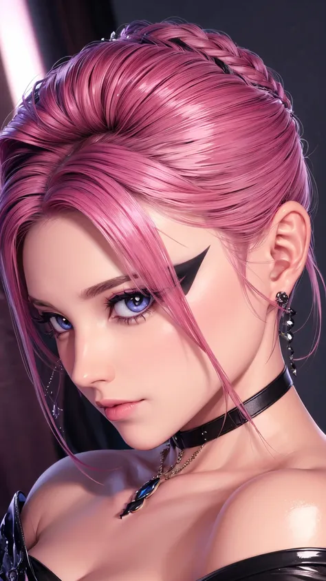 Bibi Dong，（（（Mature female, （Pink iris：1.3）， eyeslashes， Black eyeliner， black eyeshadows， braidedhair， Tattoo on the forehead， short detailed hair， Pink hair， pony tailasterpiece)),A high resolution, ((Best quality))，tmasterpiece，top-quality，best qualitye...