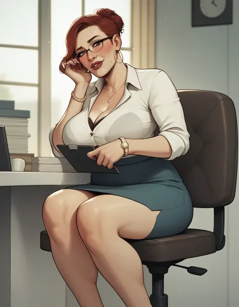 mature businesswoman sitting in office looking at viewer break, score_9, score_8_up, score_7_up, score_6_up, score_5_up, score_4...