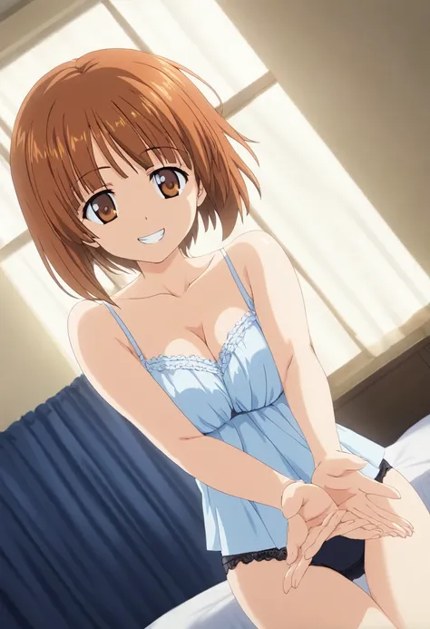 miho nishizumi,nsfw ,((droopy eyes)),short hair,brown hair,(brown eyes:1.5),  smile, grin, break , indoor､sit on the bed,in unde...