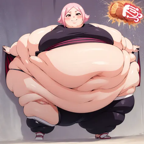 standing, smile, blush, solo, 1girl, ssbbw yachiru kusajishi, big cheeks, ssbbw, severely obese ,600lbs obese female, no pupils,...